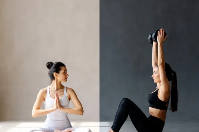 Mi a különbség a jóga és a Pilates között - Két nő egymás mellett, egyikük jóga pózt, másikuk matrac Pilates gyakorlatot végez